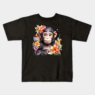 A baby chimpanzee decorated with beautiful watercolor flowers Kids T-Shirt